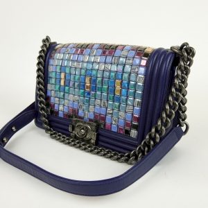 Sac Bandoulière Chanel Mosaic Boy en Cuir d’Agneau Bleu Marine