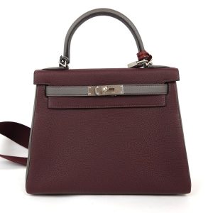 Sac à Main Hermès Kelly 28 en cuir bordeaux et gris stamp D 2019