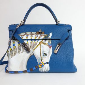 Sac à Main Hermès Kelly 32 Cuir Taurillon Clémence Bleu Izmir 2016