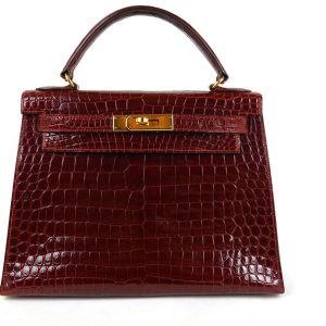 Sac à Main Hermès Kelly 28 Crocodile Porosus Bordeaux